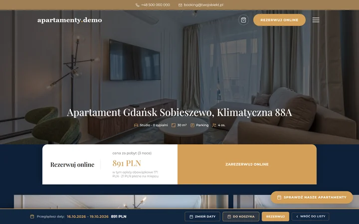 Strona apartamentu z ceną za wybrany termin