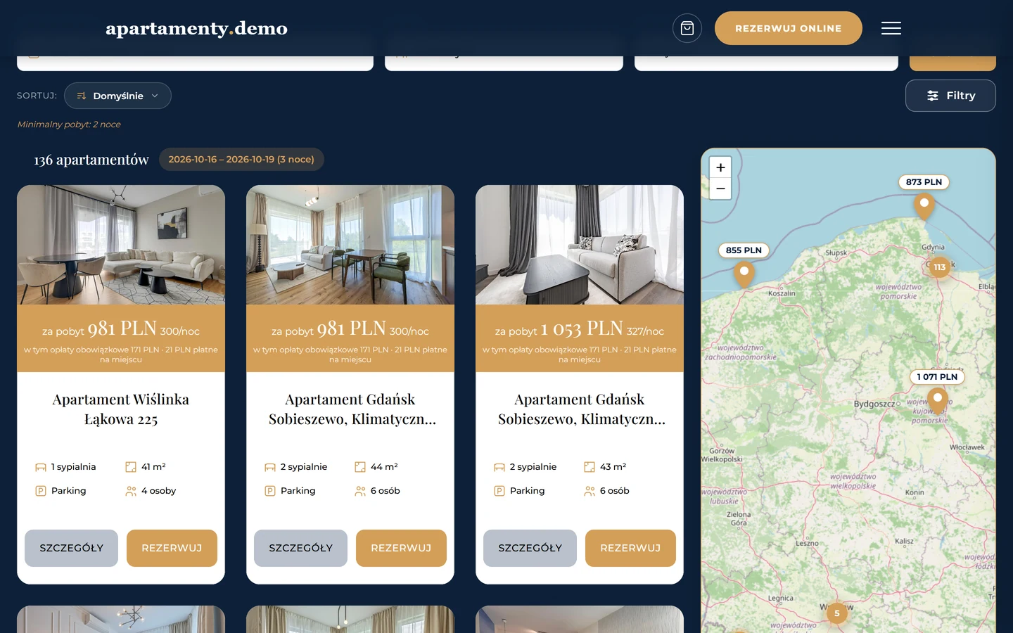 Silnik rezerwacji: lista apartamentów z mapą i ceną za cały pobyt